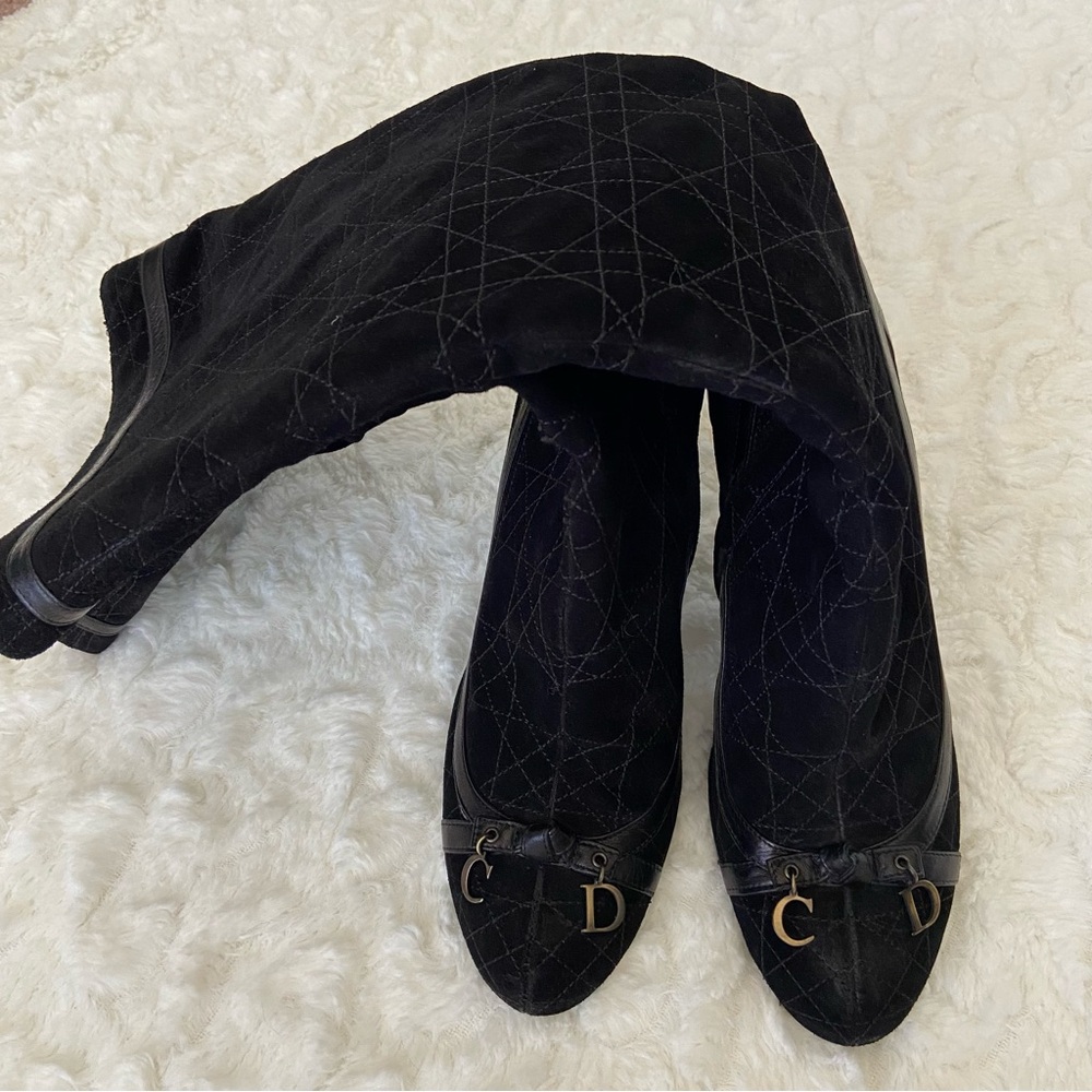 CHRISTIAN DIOR Cannage Quilted Suede Leather Knee-High Boots Stiletto He… - Picture 6 of 16
